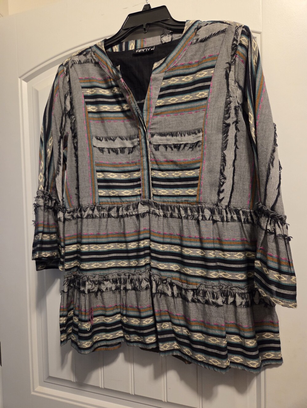 APNY Gray Striped Fringe Tunic with Teal and Pink Accents